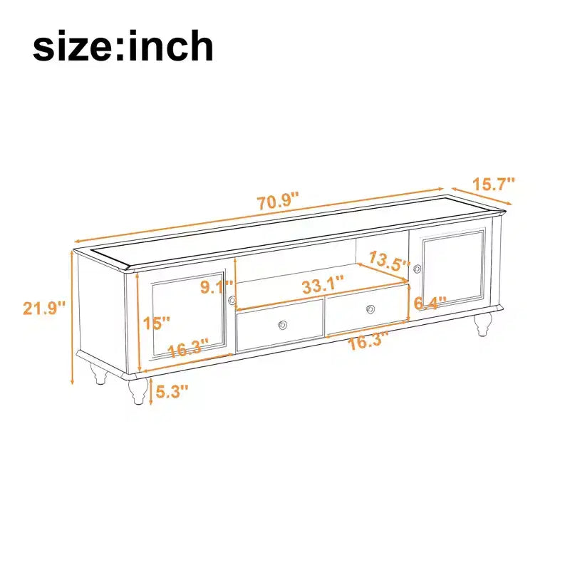Meuble TV moderne avec compartiment ouvert, 2 tiroirs, 2 placards et 5 pieds solides pour salon, blanc