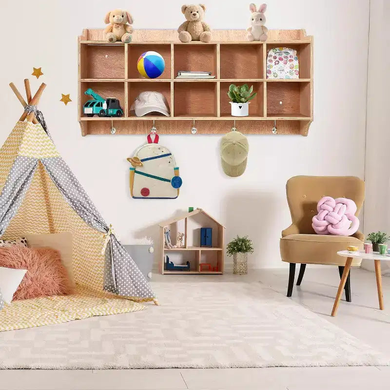 Meuble de rangement 10 casiers avec crochets et étagère pour jouets d'enfants