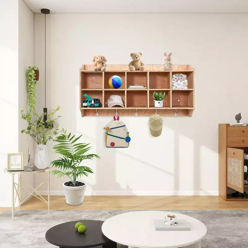 Meuble de rangement 10 casiers avec crochets et étagère pour jouets d'enfants