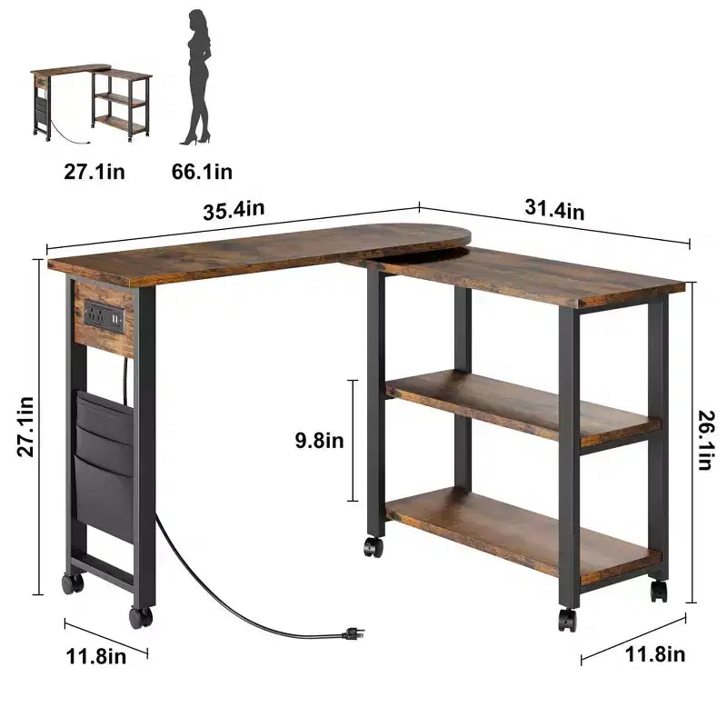 Table d'appoint pivotante à 360° avec station de charge, rangement à 3 niveaux, roulettes verrouillables et sac de rangement latéral - Table d'appoint mobile pour salon et chambre