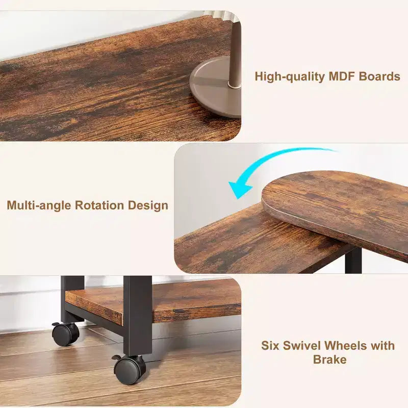 Table d'appoint pivotante à 360° avec station de charge, rangement à 3 niveaux, roulettes verrouillables et sac de rangement latéral - Table d'appoint mobile pour salon et chambre