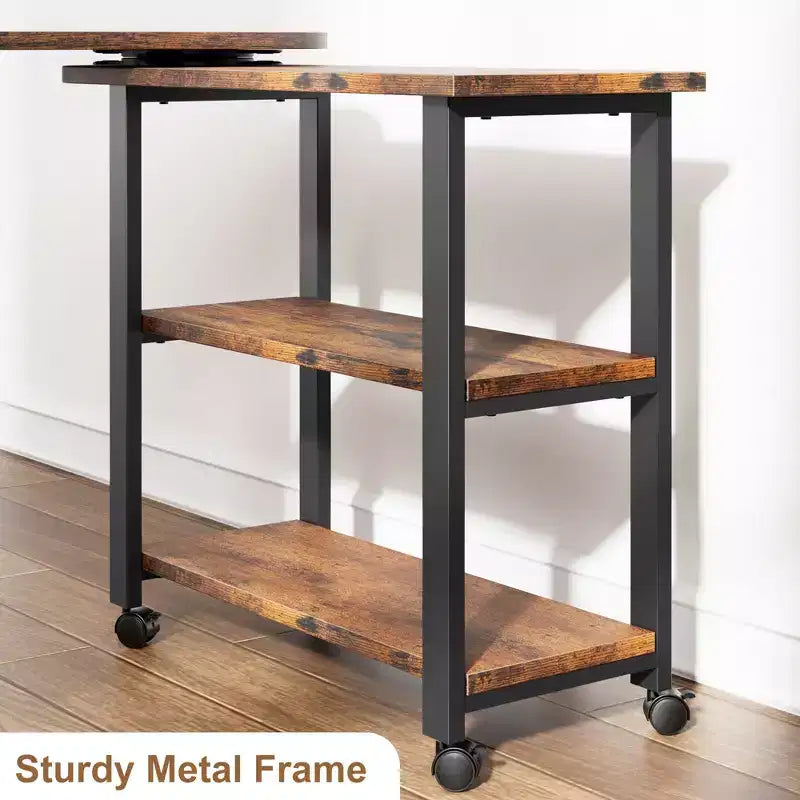 Table d'appoint pivotante à 360° avec station de charge, rangement à 3 niveaux, roulettes verrouillables et sac de rangement latéral - Table d'appoint mobile pour salon et chambre