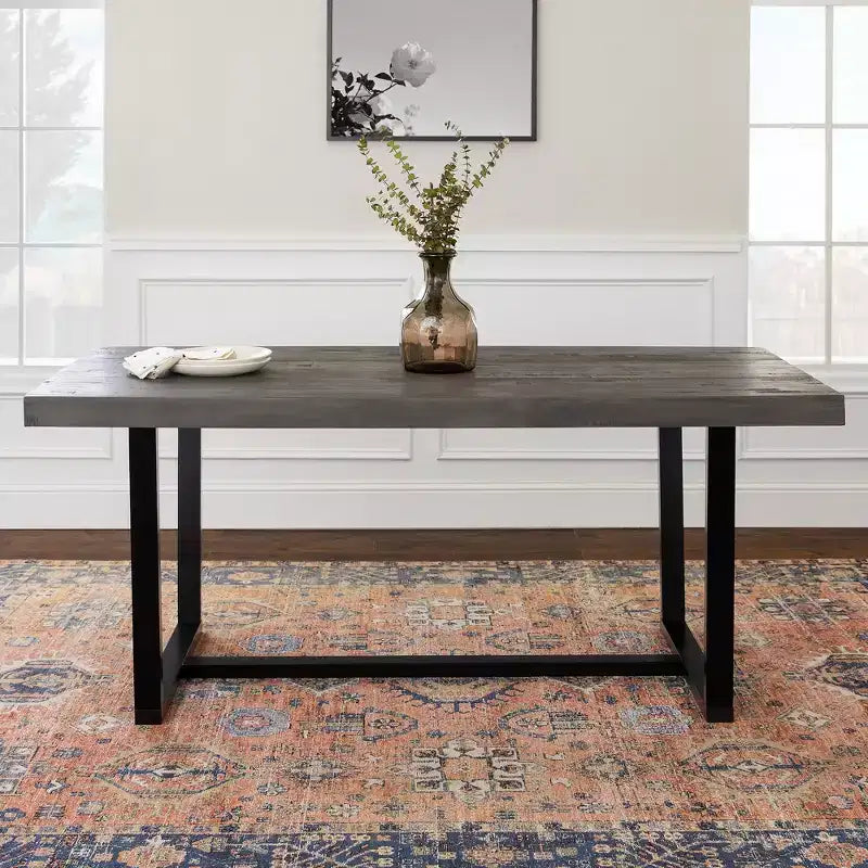 Okak Modern Distressed Solid Wood and Metal Dining Table Industrial Farmhouse Style, Seats 4-6, Ideal for Kitchen or Dining Room