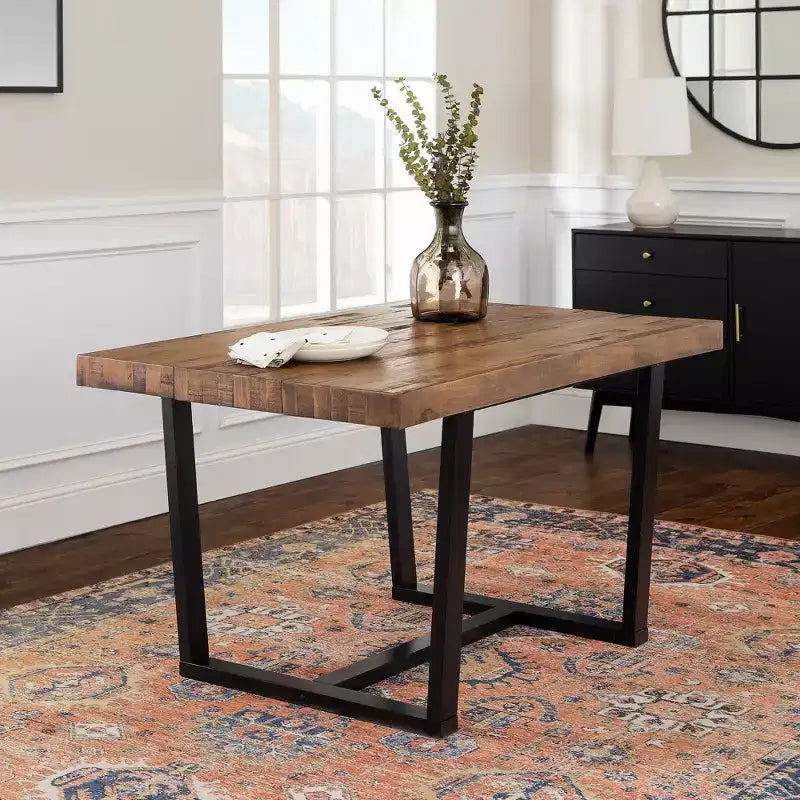 Table à manger moderne en bois massif et métal, style industriel et rustique, 4-6 places, idéale pour la cuisine ou la salle à manger
