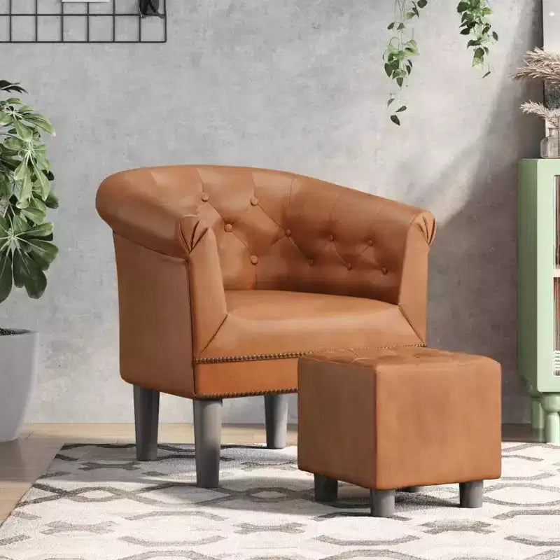 Fauteuil baquet en similicuir marron avec pouf – Siège moderne pour salon, chambre et bureau à domicile