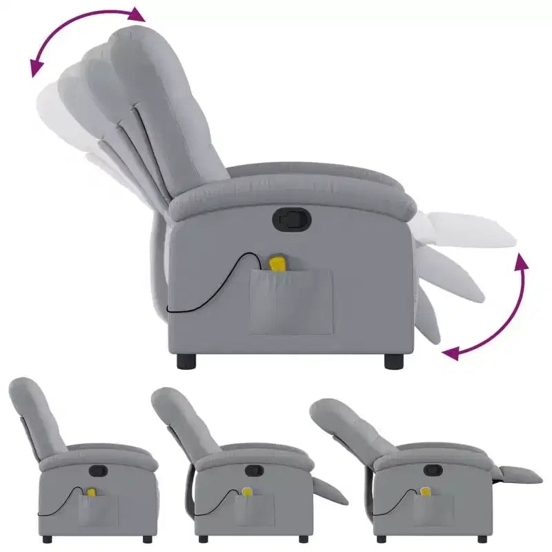 Fauteuil inclinable massant en tissu gris clair – Inclinaison manuelle, vibromasseur pour la maison/salon avec port USB, accoudoir confortable, poche latérale – Gris