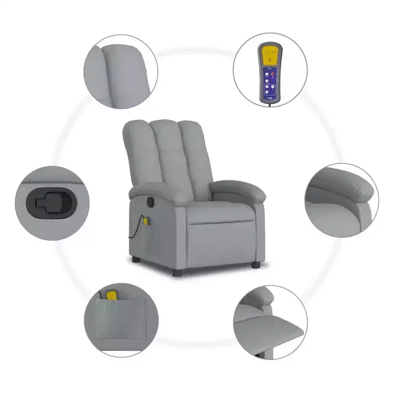 Fauteuil inclinable massant en tissu gris clair – Inclinaison manuelle, vibromasseur pour la maison/salon avec port USB, accoudoir confortable, poche latérale – Gris