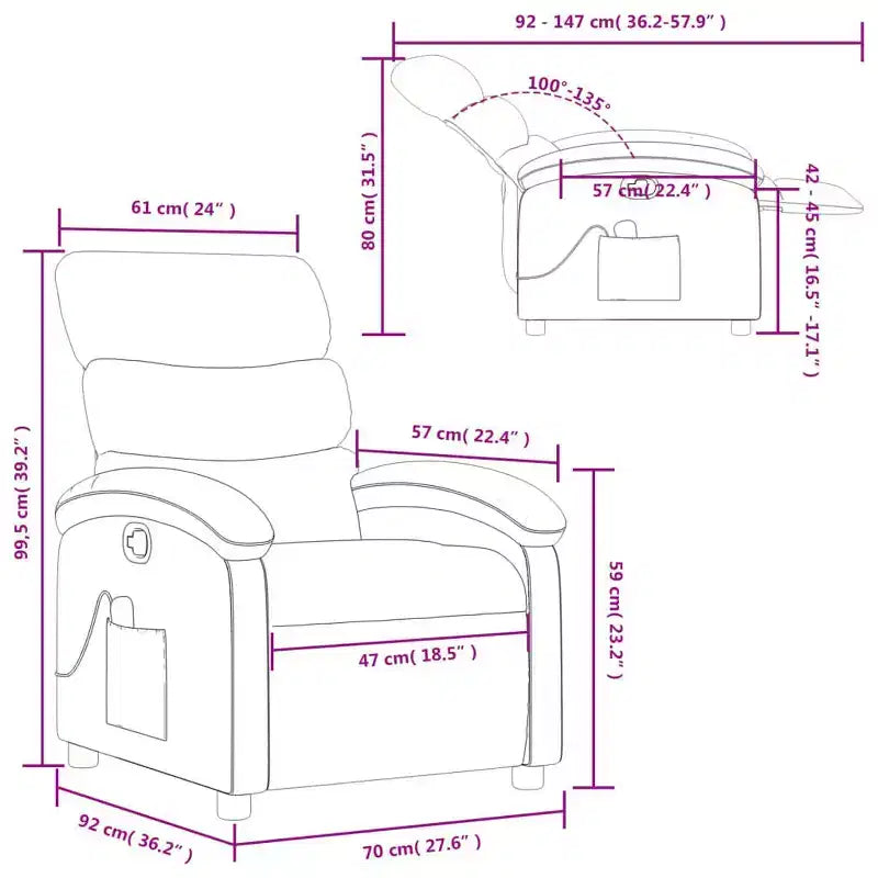Fauteuil inclinable de massage en tissu gris foncé - Fauteuil de relaxation manuel réglable avec vibrations, poche latérale, rembourrage épais