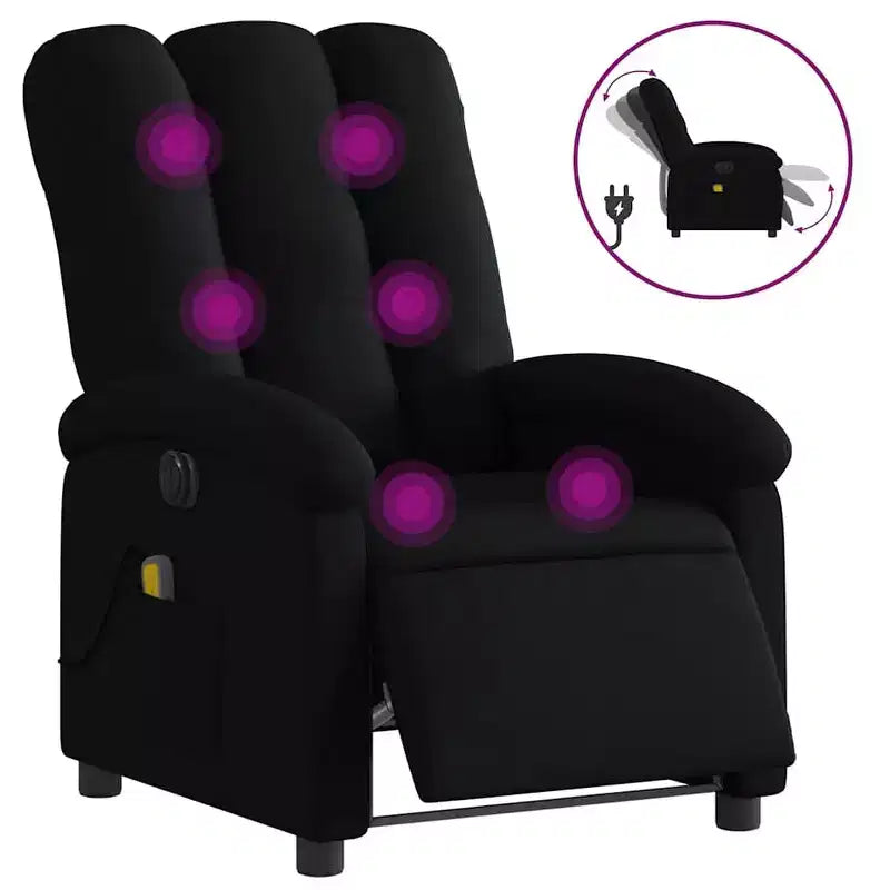 vidaXL Electric Massage Recliner - Wingback, Black Fabric, Motorized Adjustment, 6-Point Vibration, Armchair with Storage Pocket