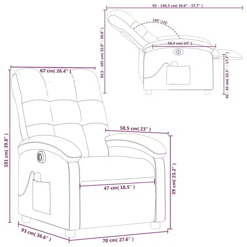 Fauteuil de massage électrique inclinable - Dossier à oreilles, tissu noir, réglage motorisé, 6 points de vibration, fauteuil avec pochette de rangement