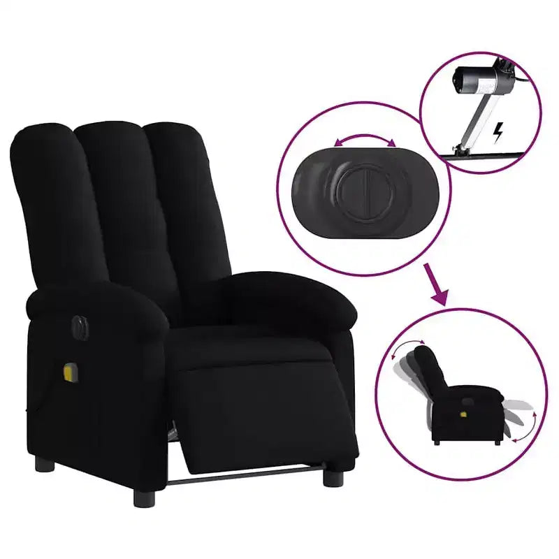 Fauteuil de massage électrique inclinable - Dossier à oreilles, tissu noir, réglage motorisé, 6 points de vibration, fauteuil avec pochette de rangement