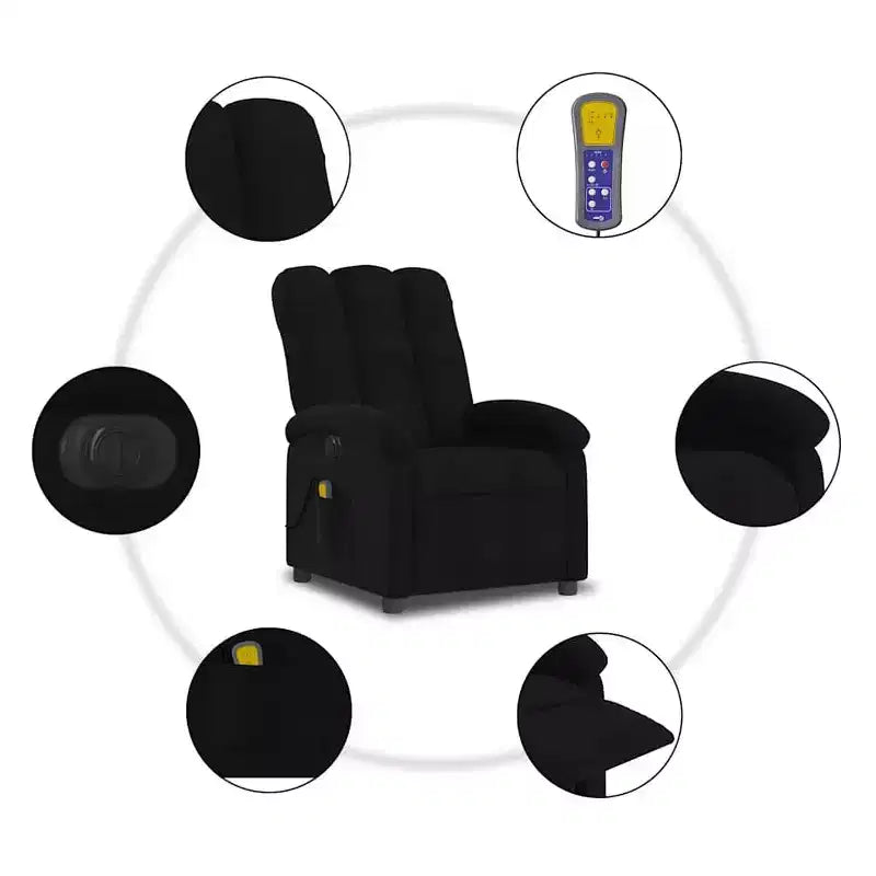 Fauteuil de massage électrique inclinable - Dossier à oreilles, tissu noir, réglage motorisé, 6 points de vibration, fauteuil avec pochette de rangement