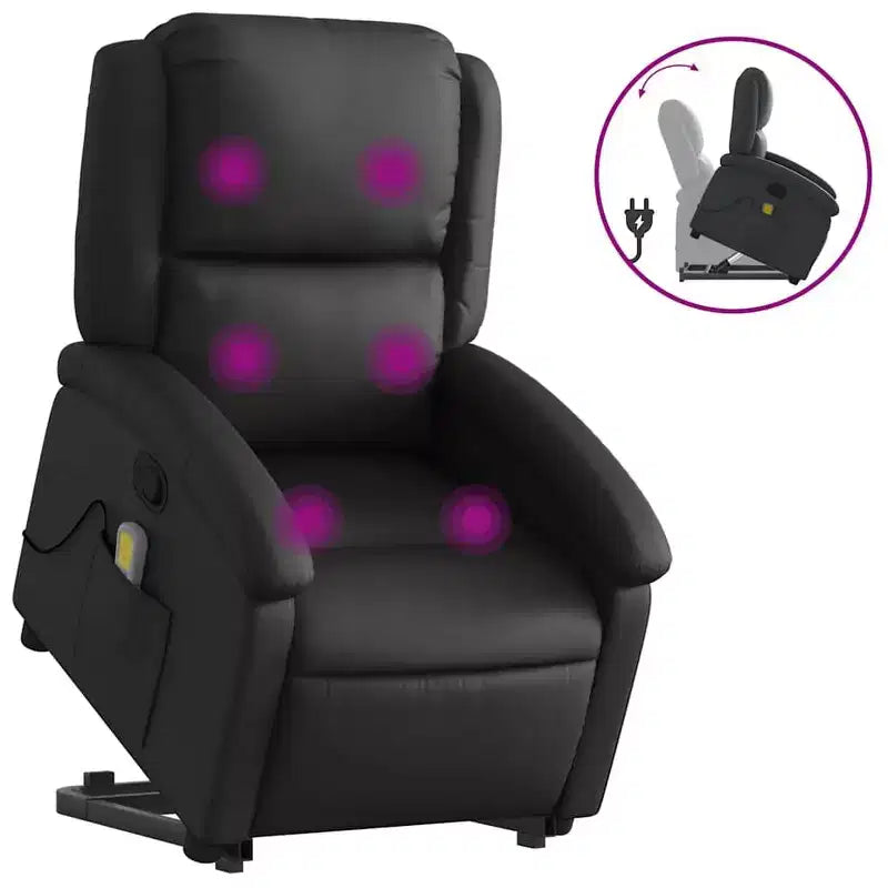 vidaXL Black Leather Power Lift Recliner Chair with Massage and Manual Recline, Comfortable Foam Padded Armchair for Elderly