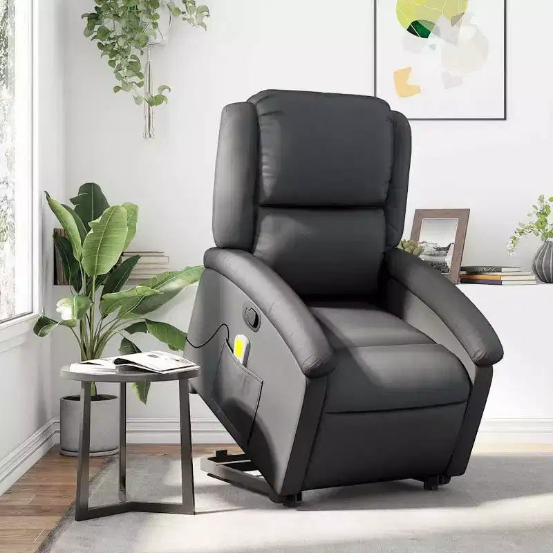 Fauteuil inclinable électrique en cuir noir avec fonction de massage et inclinaison manuelle, fauteuil rembourré en mousse confortable pour personnes âgées