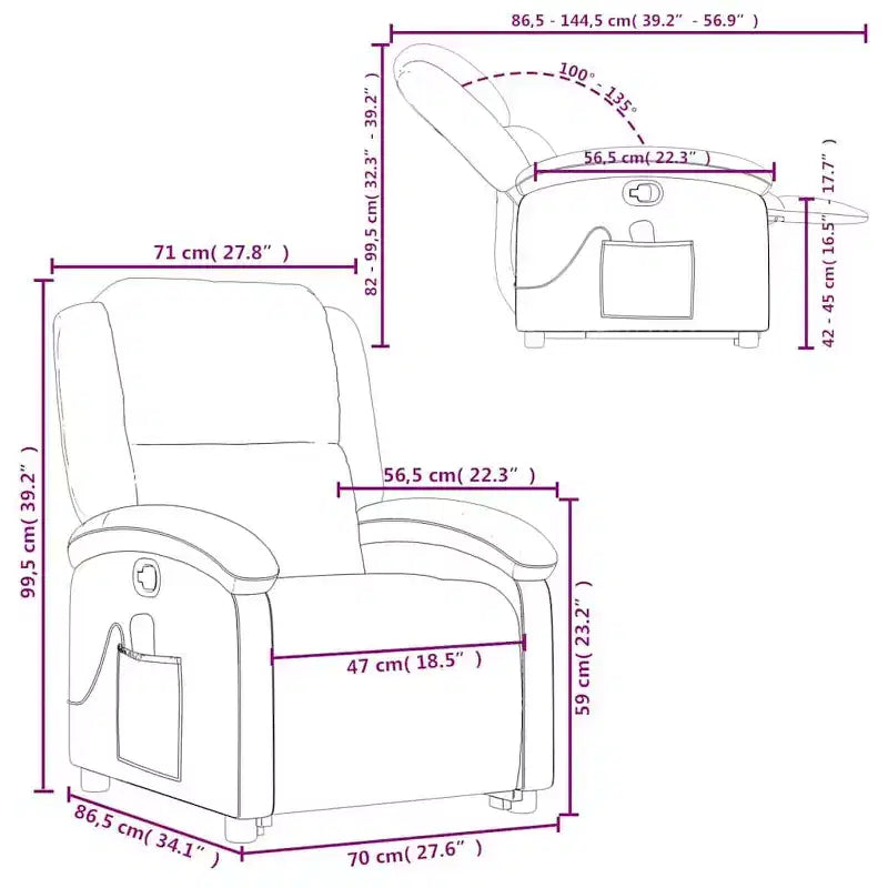 Fauteuil inclinable électrique en cuir noir avec fonction de massage et inclinaison manuelle, fauteuil rembourré en mousse confortable pour personnes âgées