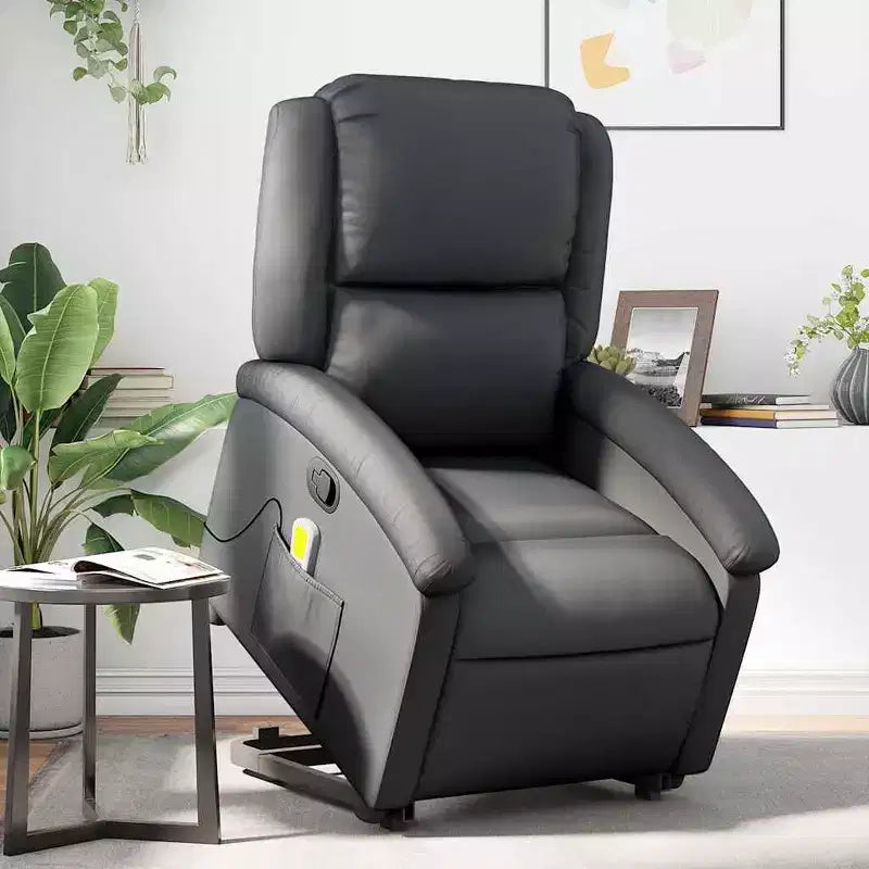Fauteuil inclinable électrique en cuir noir avec fonction de massage et inclinaison manuelle, fauteuil rembourré en mousse confortable pour personnes âgées
