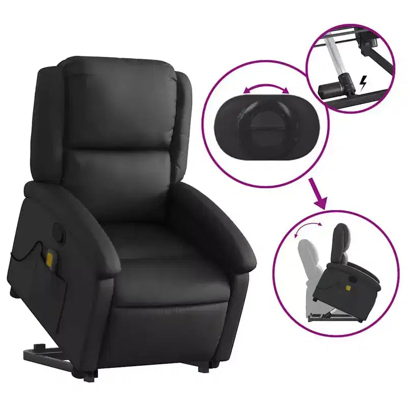 Fauteuil inclinable électrique en cuir noir avec fonction de massage et inclinaison manuelle, fauteuil rembourré en mousse confortable pour personnes âgées