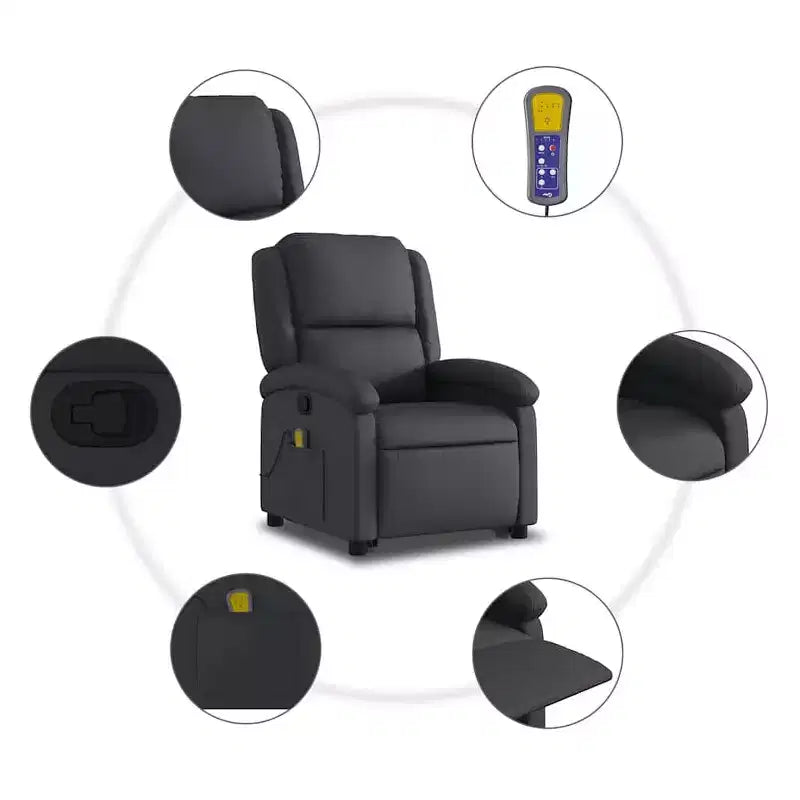 Fauteuil inclinable électrique en cuir noir avec fonction de massage et inclinaison manuelle, fauteuil rembourré en mousse confortable pour personnes âgées