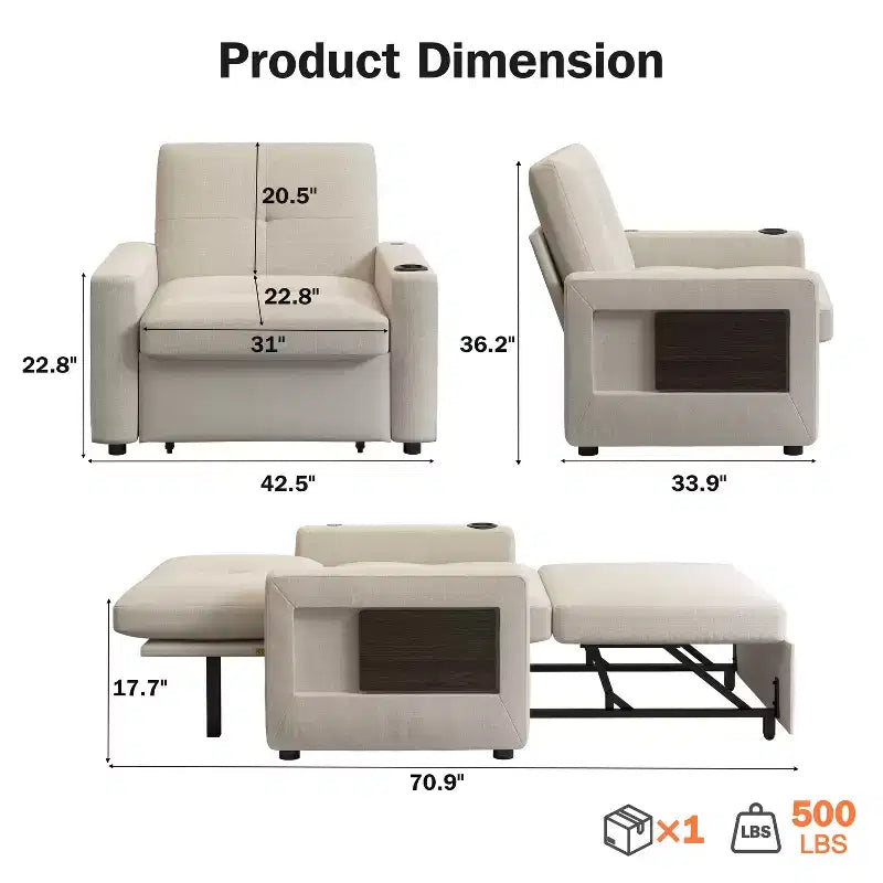 Fauteuil-lit convertible 3-en-1, canapé-lit escamotable blanc