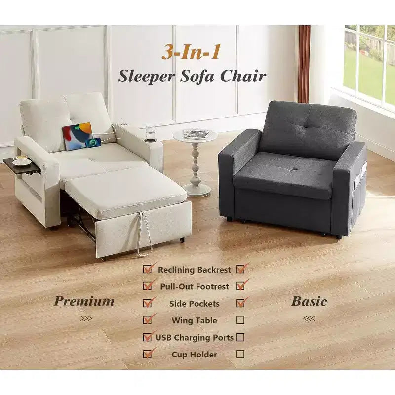 Fauteuil-lit convertible 3-en-1, canapé-lit escamotable blanc