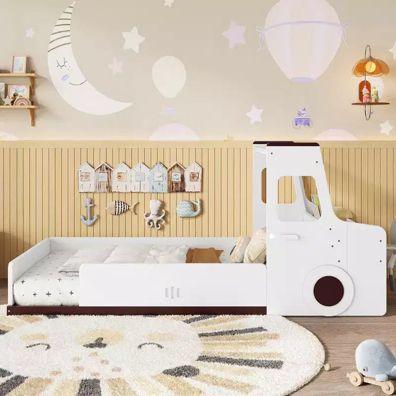 GDFStudio Pei Modern Kids Car Floor Bed with Storage Drawers, Window, and Desk