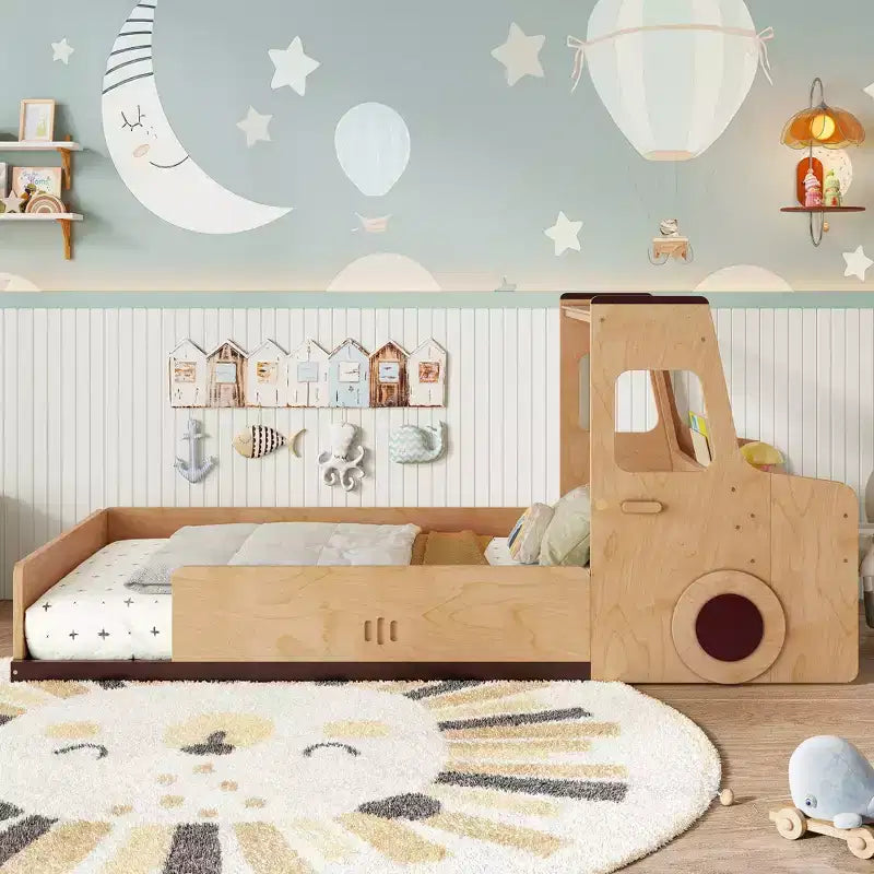 Lit de plancher moderne pour enfants avec tiroirs de rangement, fenêtre et bureau