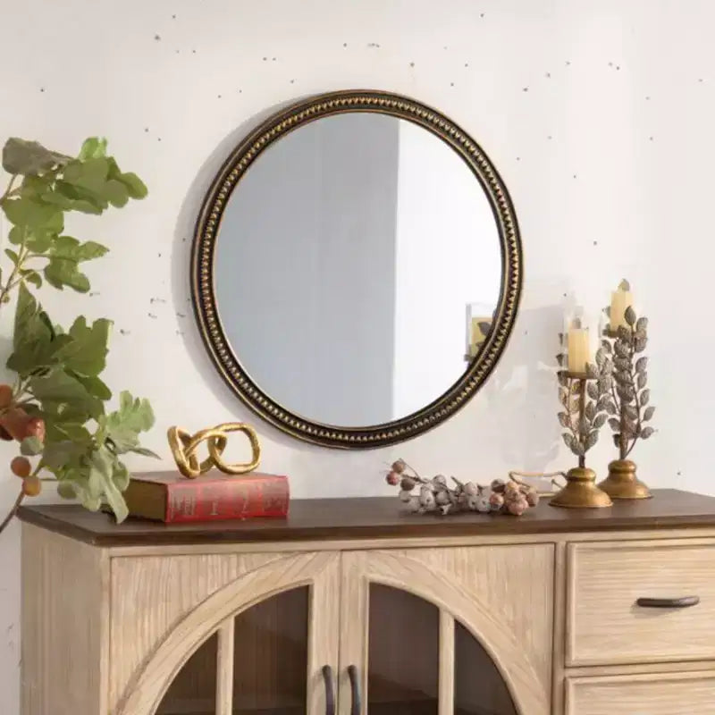 23.6 Miroir mural décoratif rond vintage avec cadre perlé, miroir d'appoint mural pour salon ou salle de bain.