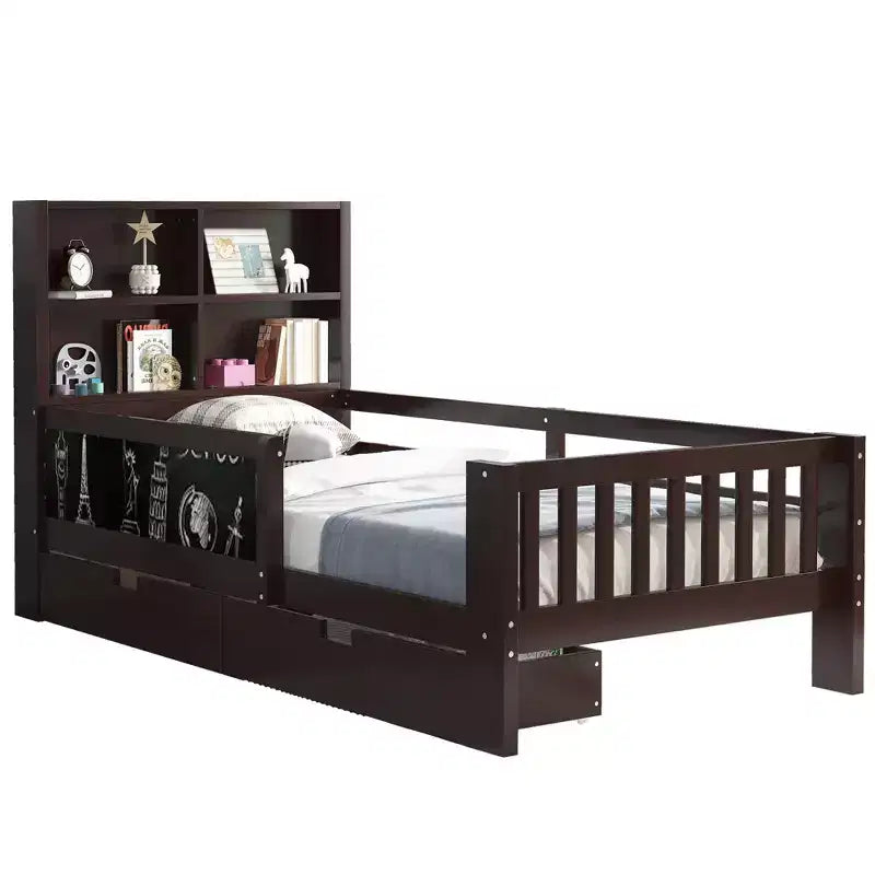Lit plateforme double/grand avec tiroirs de rangement et étagères, lit de rangement en bois avec tableau noir pour enfants et adolescents