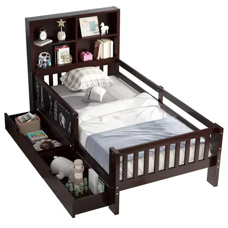 Lit plateforme double/grand avec tiroirs de rangement et étagères, lit de rangement en bois avec tableau noir pour enfants et adolescents