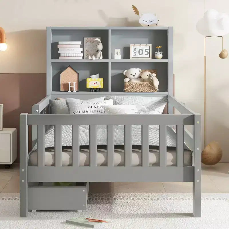 Lit plateforme double/grand avec tiroirs de rangement et étagères, lit de rangement en bois avec tableau noir pour enfants et adolescents