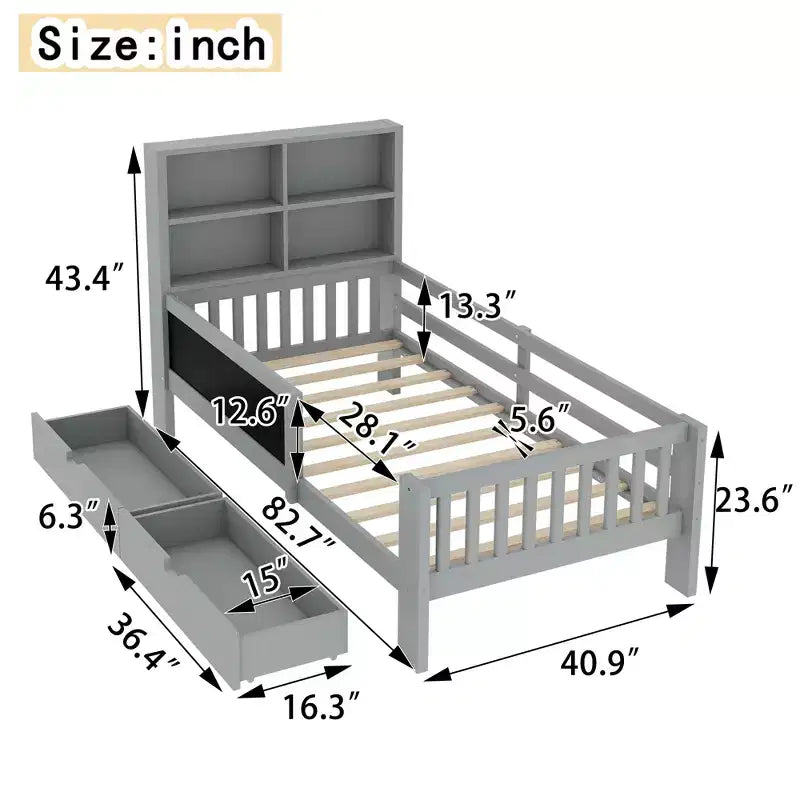 Lit plateforme double/grand avec tiroirs de rangement et étagères, lit de rangement en bois avec tableau noir pour enfants et adolescents