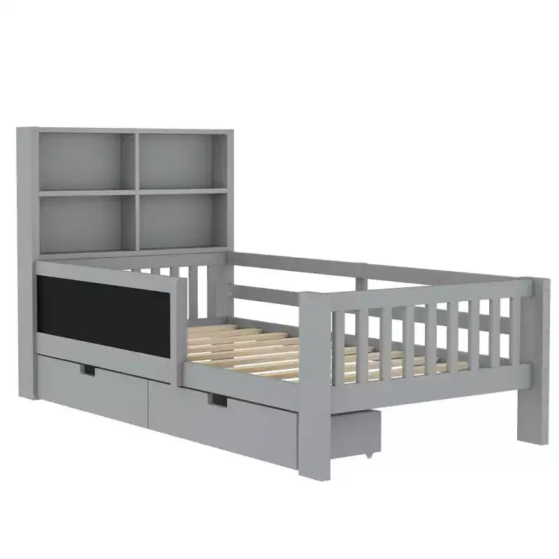 Lit plateforme double/grand avec tiroirs de rangement et étagères, lit de rangement en bois avec tableau noir pour enfants et adolescents