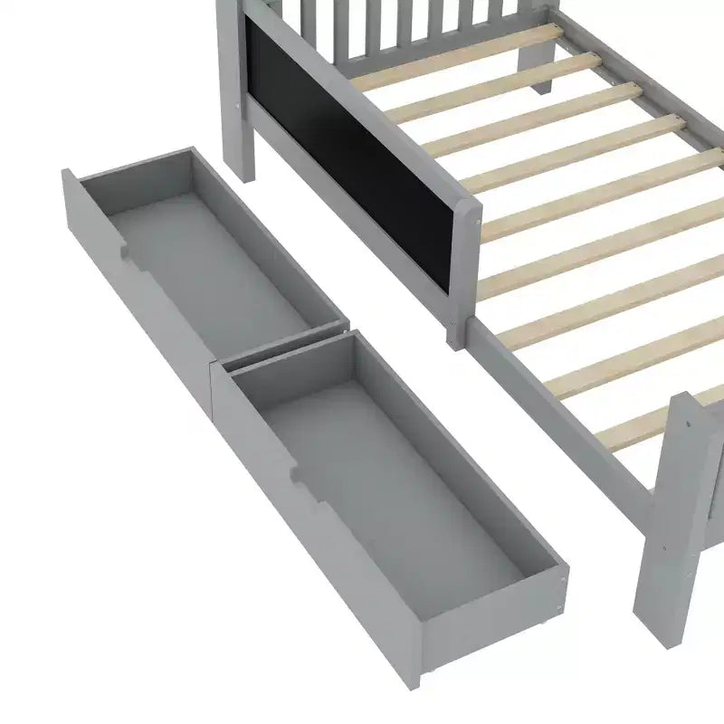 Lit plateforme double/grand avec tiroirs de rangement et étagères, lit de rangement en bois avec tableau noir pour enfants et adolescents