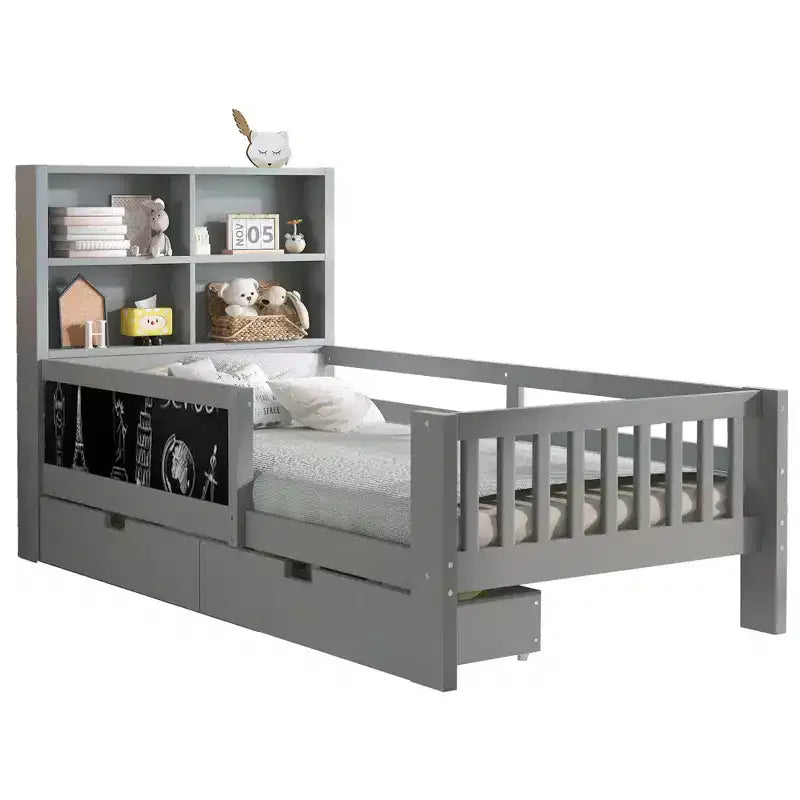 Lit plateforme double/grand avec tiroirs de rangement et étagères, lit de rangement en bois avec tableau noir pour enfants et adolescents