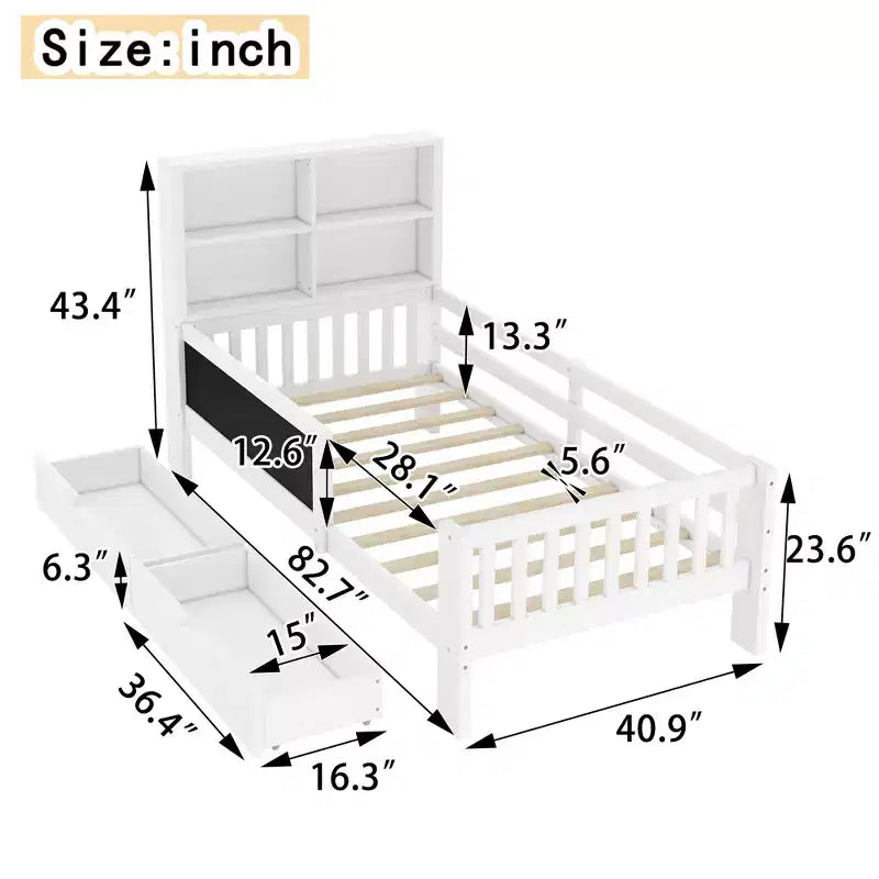 Lit plateforme double/grand avec tiroirs de rangement et étagères, lit de rangement en bois avec tableau noir pour enfants et adolescents