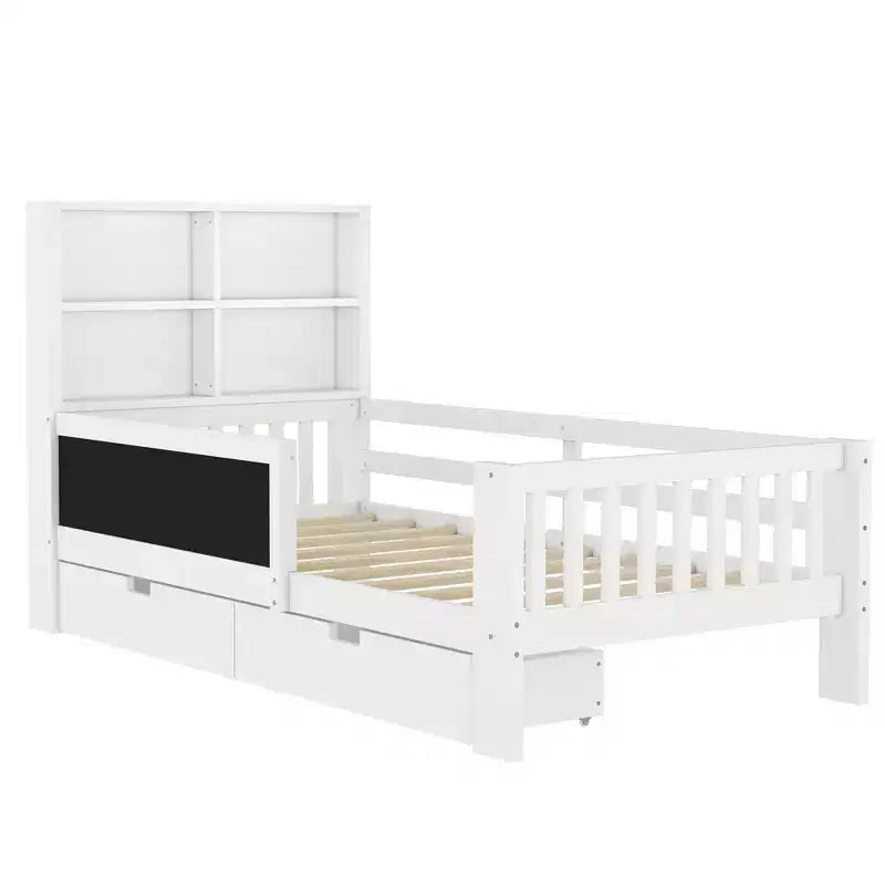 Lit plateforme double/grand avec tiroirs de rangement et étagères, lit de rangement en bois avec tableau noir pour enfants et adolescents