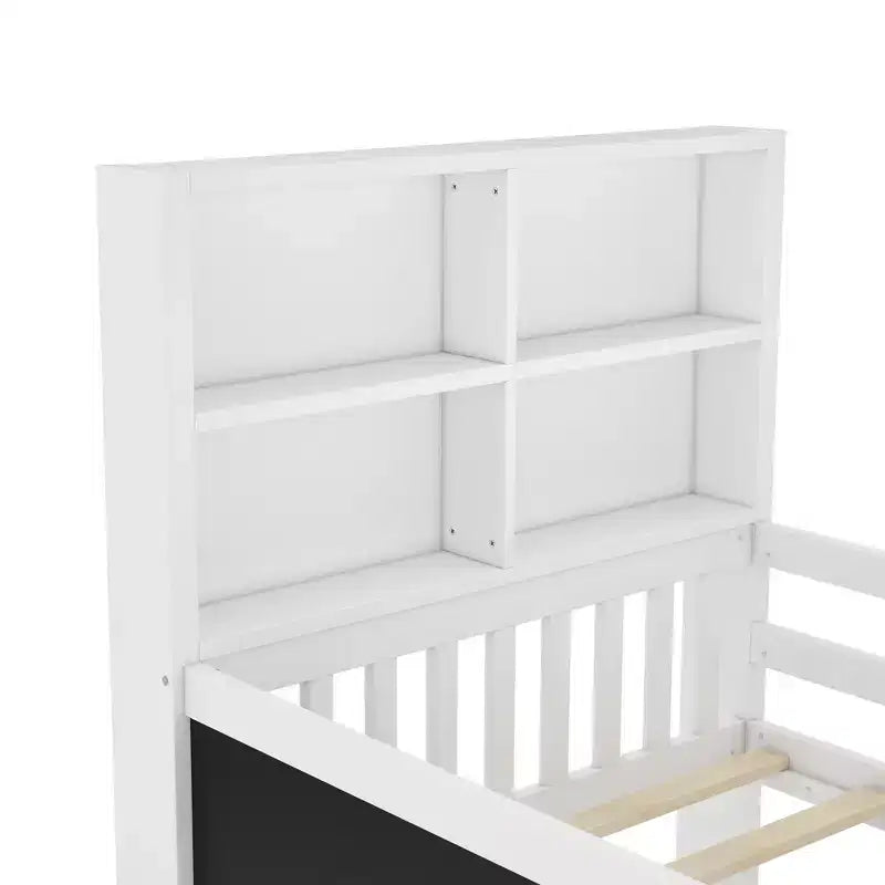 Lit plateforme double/grand avec tiroirs de rangement et étagères, lit de rangement en bois avec tableau noir pour enfants et adolescents