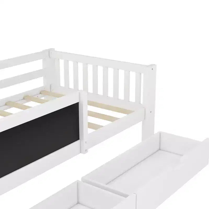 Lit plateforme double/grand avec tiroirs de rangement et étagères, lit de rangement en bois avec tableau noir pour enfants et adolescents