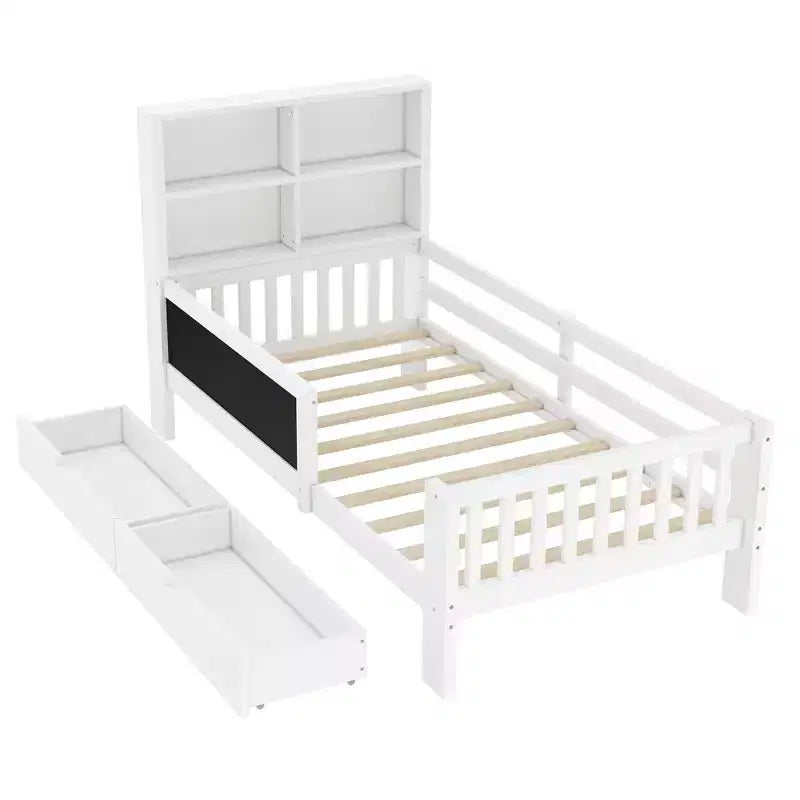 Lit plateforme double/grand avec tiroirs de rangement et étagères, lit de rangement en bois avec tableau noir pour enfants et adolescents