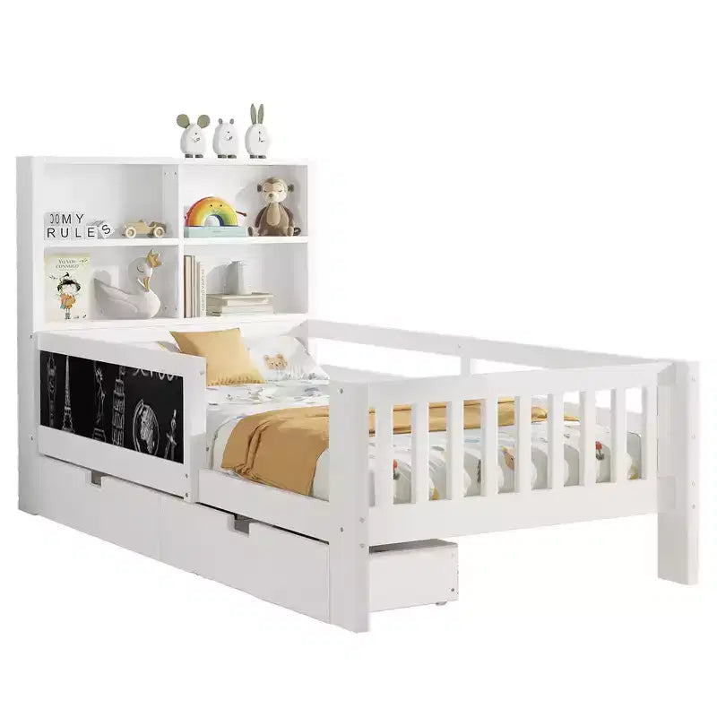 Lit plateforme double/grand avec tiroirs de rangement et étagères, lit de rangement en bois avec tableau noir pour enfants et adolescents