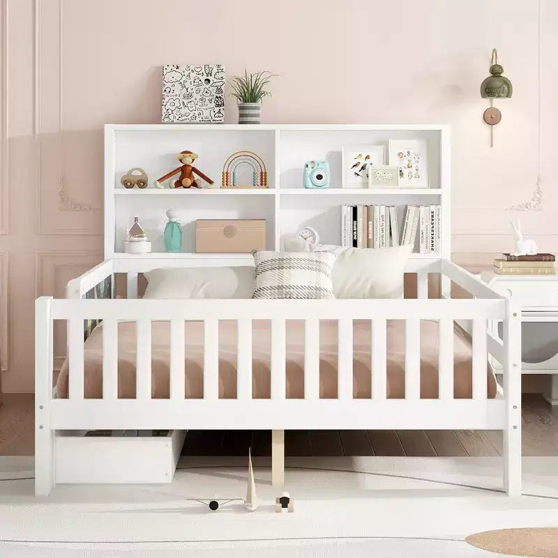 Lit plateforme double/grand avec tiroirs de rangement et étagères, lit de rangement en bois avec tableau noir pour enfants et adolescents