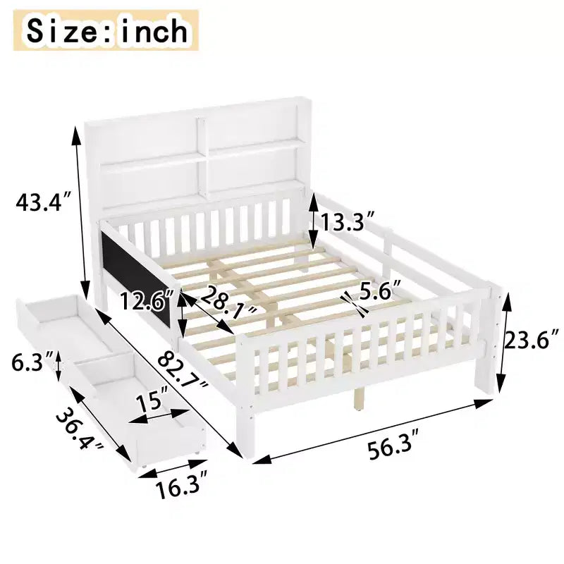 Lit plateforme double/grand avec tiroirs de rangement et étagères, lit de rangement en bois avec tableau noir pour enfants et adolescents