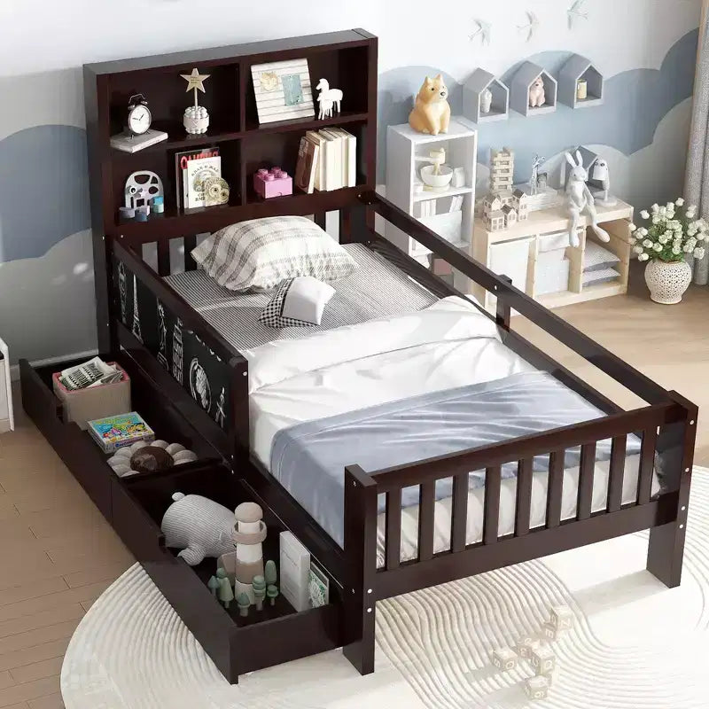 Lit plateforme double/grand avec tiroirs de rangement et étagères, lit de rangement en bois avec tableau noir pour enfants et adolescents
