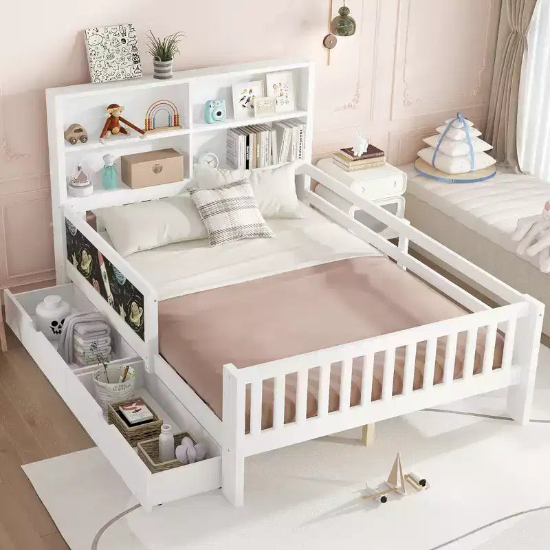 Lit plateforme double/grand avec tiroirs de rangement et étagères, lit de rangement en bois avec tableau noir pour enfants et adolescents