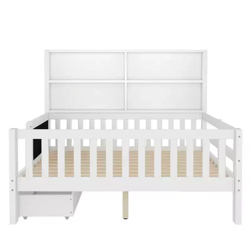 Lit plateforme double/grand avec tiroirs de rangement et étagères, lit de rangement en bois avec tableau noir pour enfants et adolescents