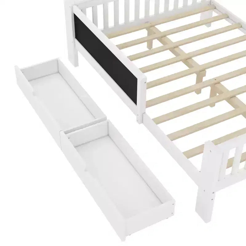 Lit plateforme double/grand avec tiroirs de rangement et étagères, lit de rangement en bois avec tableau noir pour enfants et adolescents