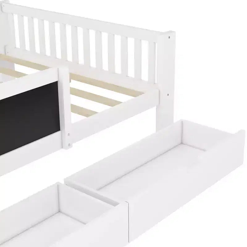 Lit plateforme double/grand avec tiroirs de rangement et étagères, lit de rangement en bois avec tableau noir pour enfants et adolescents