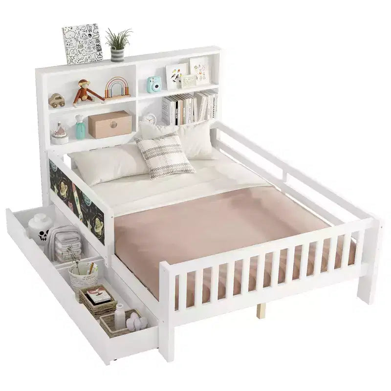 Lit plateforme double/grand avec tiroirs de rangement et étagères, lit de rangement en bois avec tableau noir pour enfants et adolescents