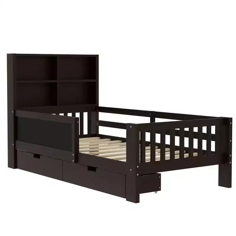 Lit plateforme double/grand avec tiroirs de rangement et étagères, lit de rangement en bois avec tableau noir pour enfants et adolescents