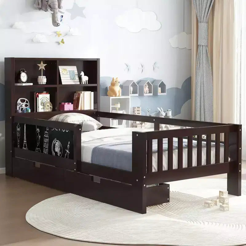 Twin/Full Size Platform Bed with Storage Drawers and Shelves, Wood Storage Bed with Chalkboard for Kids and Teens